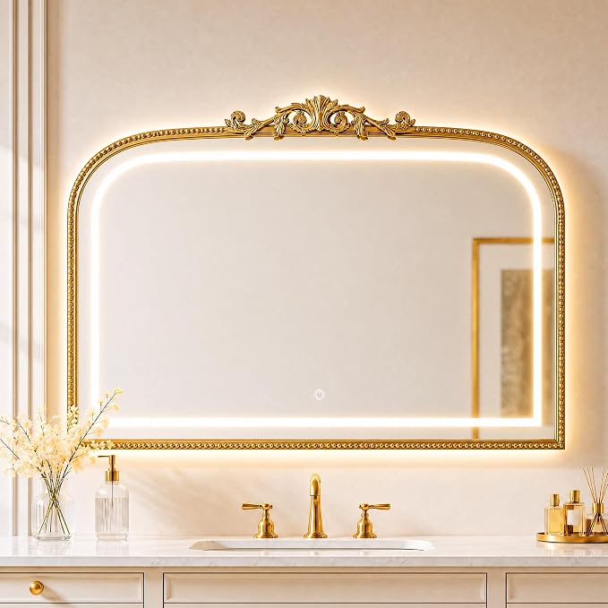 33x26 LED Mirror with Lights Gold Arched Bathroom Vanity Mirror | Gold arched LED bathroom mirror with lights, 33x26 inch wall mirror, touch control vanity mirror for bathroom, home decor