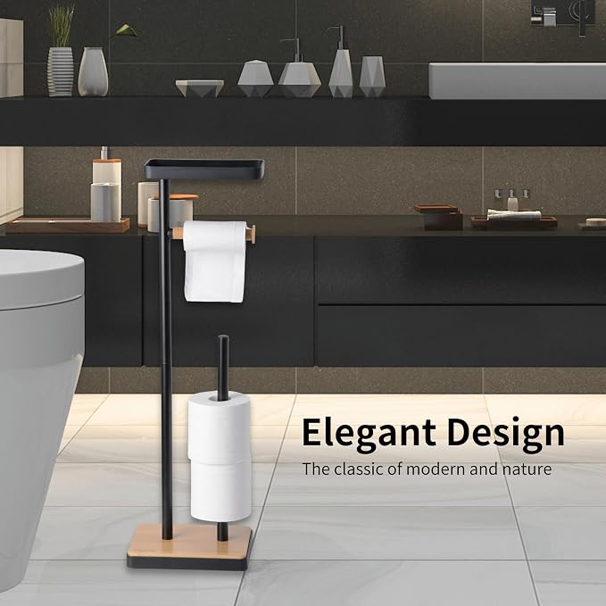 Clasin Home Toilet Paper Holder Stand, Free Standing Toilet Paper Holder with Storage and Top Shelf, Black Toilet Paper Stand Weighted Base with Bamboo Design for Bathroom