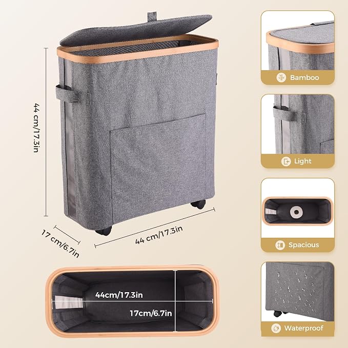 Toilet Paper Storage Organizer with Lid, 33L, Holds 16 Rolls (Grey) | Slim Foldable Design, Waterproof, with Lockable Wheels for Mobility, Ideal for Bathroom, Bedroom, Dorm, Laundry Room