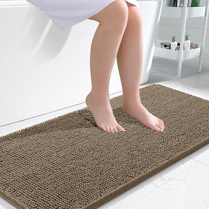 OLANLY Bathroom Runner Rugs 45x27, Extra Soft Absorbent Chenille Bath Rugs | Tan, Quick-Drying Rubber Backing, Machine Washable Long Bath Mat for Bathroom Floor, Tub and Shower, Home Decor Accessories