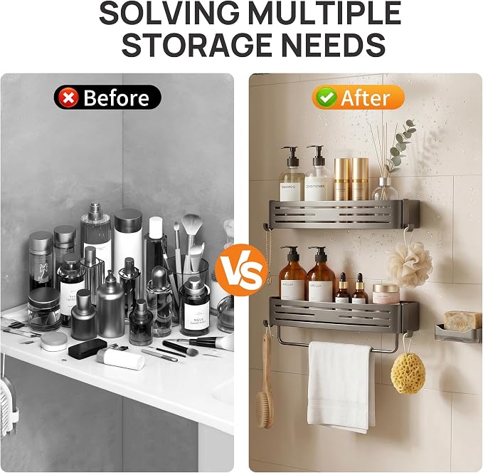 Gun Grey Adhesive Square Shower Caddy with Towel Bar, Soap Dish and Hooks | No-drill gun grey shower basket with towel bar, soap dish and hooks for smooth tile, glass and stainless steel bathroom walls