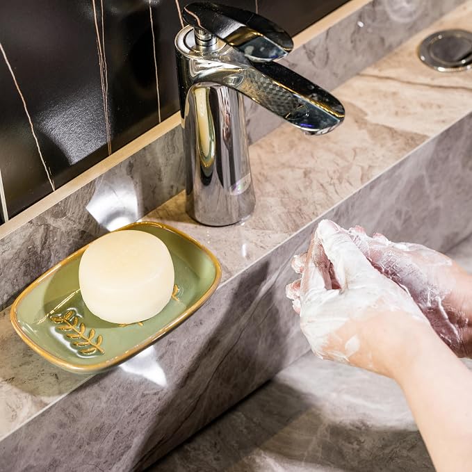 Miamolo Ceramic Soap Dish for Bathroom Sink, Bar Soap Holder Soap-Saving | Raised Ridges Keep Soap Dry, Large Soap Saver for 2 Bars, Sponges, Shower Kitchen Sink | Easy to Clean, Wedding Gift, Green