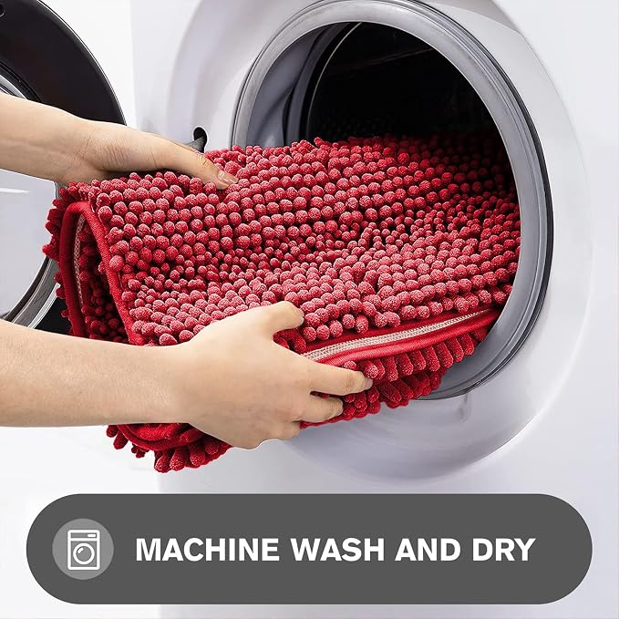 Bathroom Runner Rug 47 x 17 Inch – Long Bath Mat | Absorbent and Washable Thick Chenille Bath Rug Non-Slip Runner Rug for Bathroom, Shower, Sink(Red)