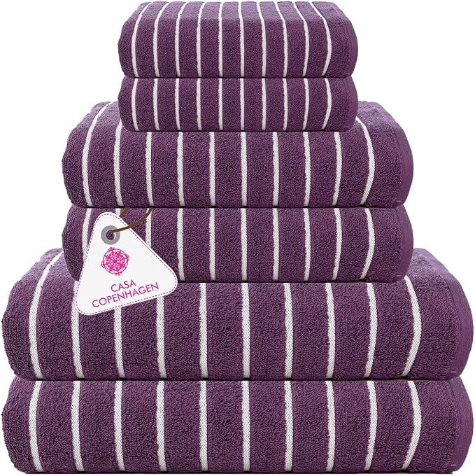 CASA COPENHAGEN Ecstatic 6Pcs 100% Egyptian Cotton Large Designer Towels Gift Set- Dark Purple, 600GSM, 2Bath 2Hand 2Washcloths, Bath Towels for Bathroom (Gift Set for Women & Men)