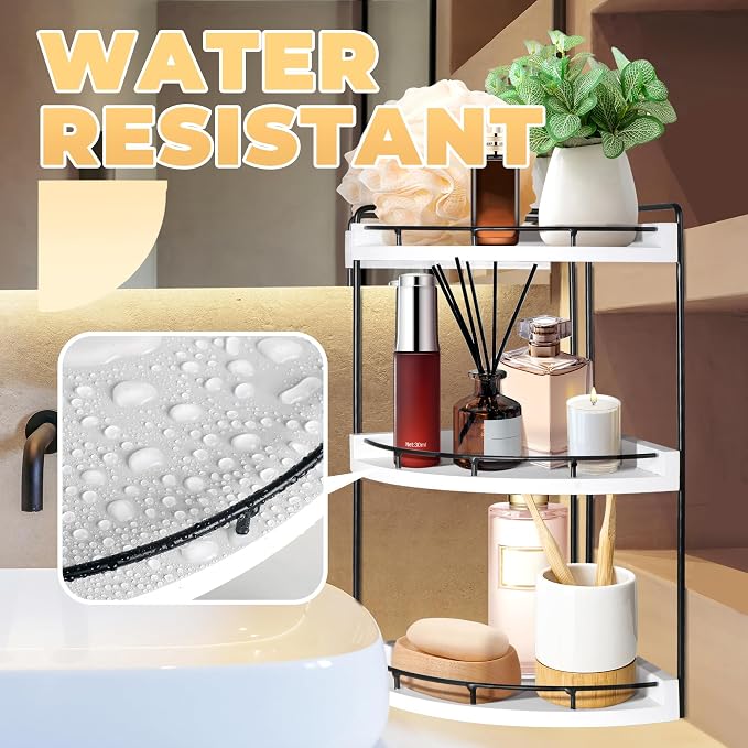 3 Tier Bathroom Counter Organizer, Bathroom Counter Tray and Vanity Organizer, Wood Corner Countertop for Kitchen, Dresser (White)