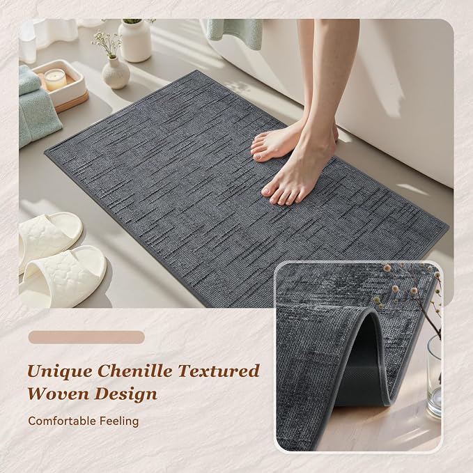 AMOAMI Bath Mat Non Slip Super Absorbent Quick Dry Bath Mats for Bathroom Floor Rubber Backing Washable Bathroom Rugs Modern Woven Jacquard Mat, Beside Tub Bath Rugs, 2' x 6', Darkgrey