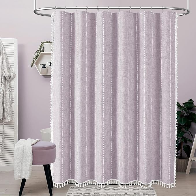 54x78 Boho Farmhouse Linen Heavy Duty Shower Curtain Set, Lavender | Narrow Long Size, 330GSM Linen Blend, Water Repellent, Vintage Striped Fabric, 10 Hooks, Rustic Country, Machine Washable
