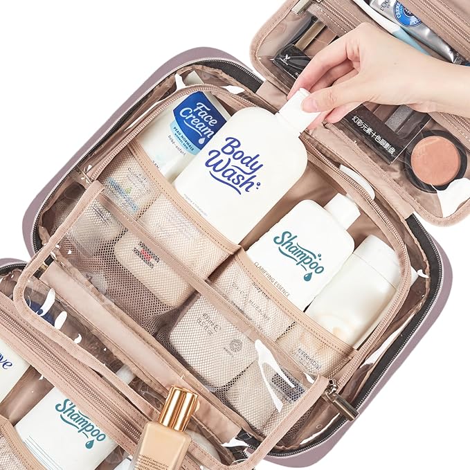 NISHEL Travel Toiletry Bag for women, Portable Hanging makeup Organizer | for Travel-Sized Shampoo, Conditioner, Brushes Set, makeup Accessories, Large Size, Peach Pink