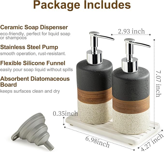 Ceramic Dish Soap Dispensers Set of 2 for Kitchen and Bathroom | Hand Soap and Lotion Dispenser Set, Shampoo and Conditioner Bottles | with Stainless Steel Pump, Silicone Funnel, Tray, Black