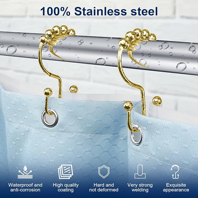 Gidse Shower Curtain Hooks,Sturdy Stainless Steel Double Sided Shower Hooks Rings for Bathroom Shower Curtain Rods Curtains Set of 12 Hooks - Gold