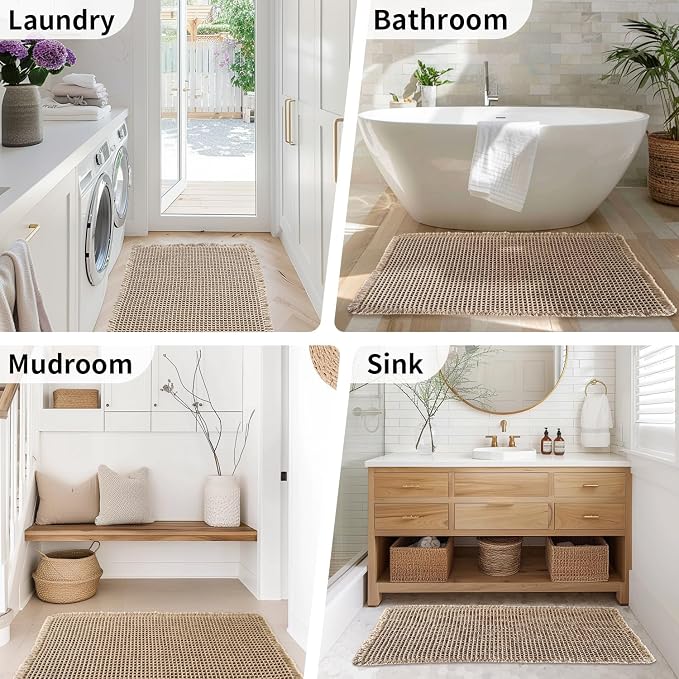 Waffle Bath Mat, Boho Bathroom Rug Non Slip Washable, 20 x 32, Khaki | Super Absorbent Quick Dry Bath Mat, Small Boho Bathroom Mats, Soft Waffle Weave Farmhouse Bathroom Decor for Shower or Tub