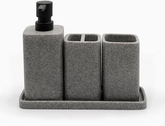 Bathroom Accessory Sets, 4 Pieces Bathroom Accessories Complete Set Vanity Countertop Accessory Set, Includes Lotion Dispenser Soap Pump, Tumbler, Toothbrush Holder and Tray (Grey)