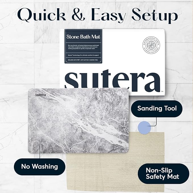 Stone Bath Mat for Bathroom, Dries in Seconds - Diatomaceous Earth, Granite | Super absorbent, quick-drying & easy to clean. Natural material that lasts — restores with light sanding.