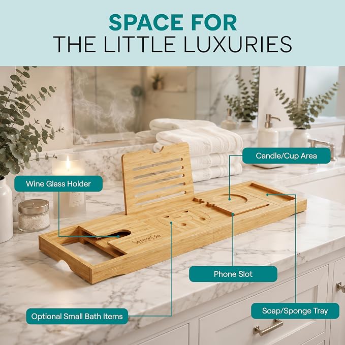 SereneLife 2 in 1 Bed and Bath Tray - Foldable Bamboo Bathtub Caddy with Adjustable Length, Non-Slip, Device Holder, Wine Glass Slot, Expandable for Comfortable Bathing, Natural, Folding Set