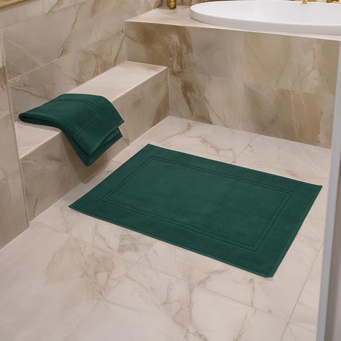 2 Piece Bath Mats 20 x 32 Inches, Hunter Green | 100% Cotton Terry Bath Mats, Super Absorbent, Hotel Quality Premium Floor Towels, Luxurious, Soft & Quick Dry