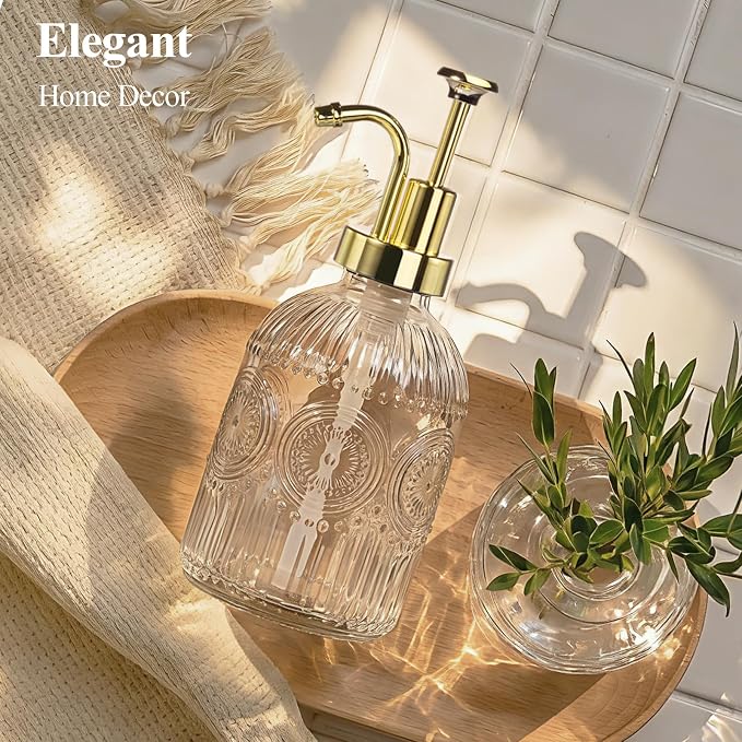 SheeChung 12oz Vintage Glass Soap Dispenser with Gold Pump, Clear, 1 Pack | Refillable Dish and Hand Soap Dispenser for Bathroom Kitchen, Rustic Liquid Lotion Bottle,BPA-Free,Funnel,Mat,Farmhouse Decor
