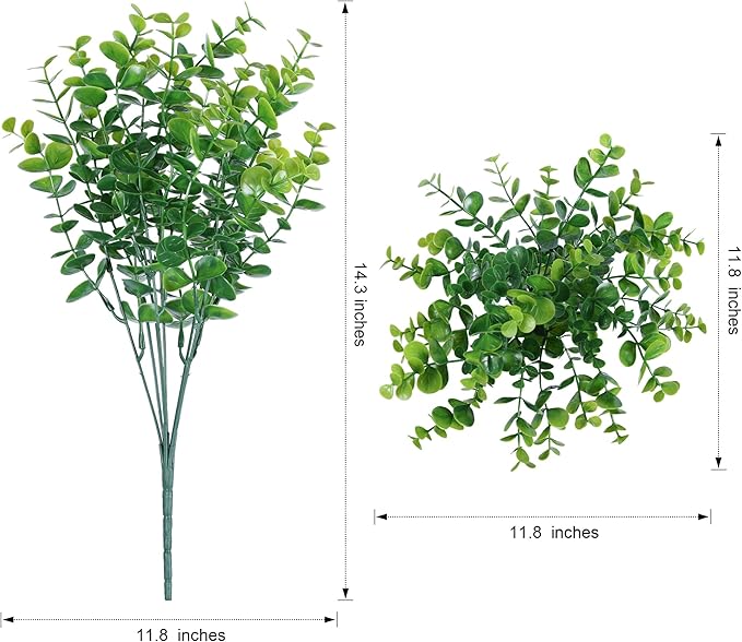 Artificial Plants for Outdoors Outside Spring Summer Decoration, 12 Bundles Faux Eucalyptus Leaves Stems Bulk Fake Greenery Branches Look Real UV Resistant for Home Porch Patio Planter Yard