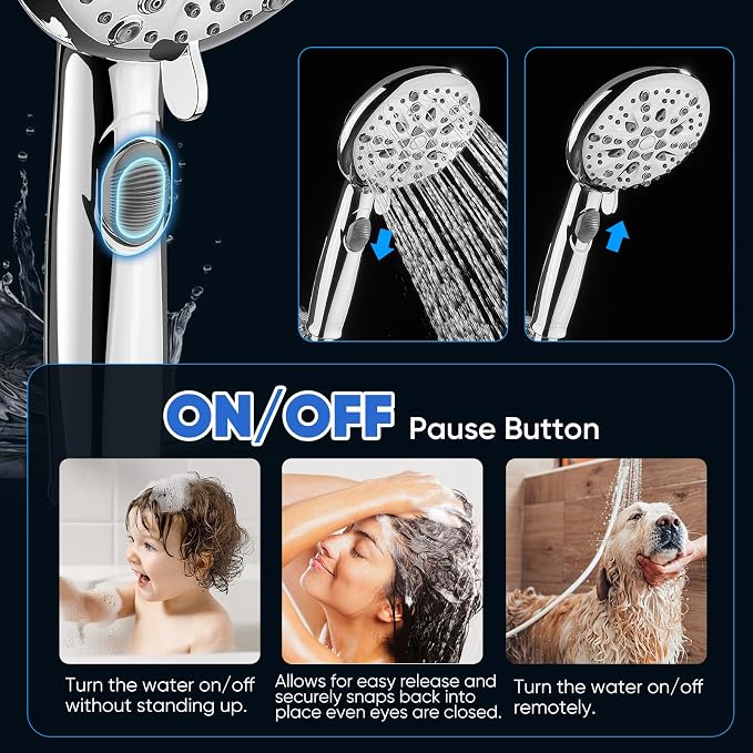 Cobbe 9 Spray Modes Handheld Shower Head, Water-Saving, Chrome | Power Rinse, 1-Click Pause & Flow Control, 6ft Stainless Steel Hose, Adjustable Brass Bracket