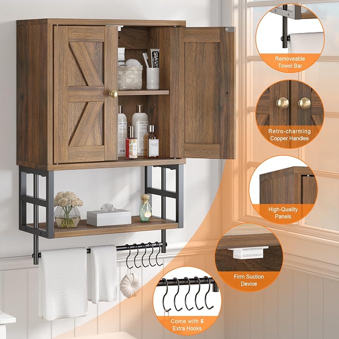 Bathroom Wall Cabinet, Farmhouse Medicine Storage with Towel Bar, Walnut | 2 Doors & Adjustable Shelves 5 Hooks, 3-Tier for Over-Toilet, Laundry, Living, Bedroom, Kitchen, Space Saving