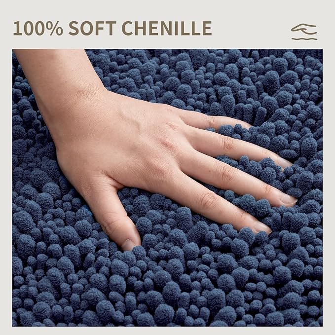 Bathroom Rugs Non Slip Washable 32x20, Extra Thick Soft Chenille Absorbent Bath Mat, High Density Barrier Non Slip Backing, Quick Dry Plush Shaggy Floor Carpet for Tub&Shower, Blue