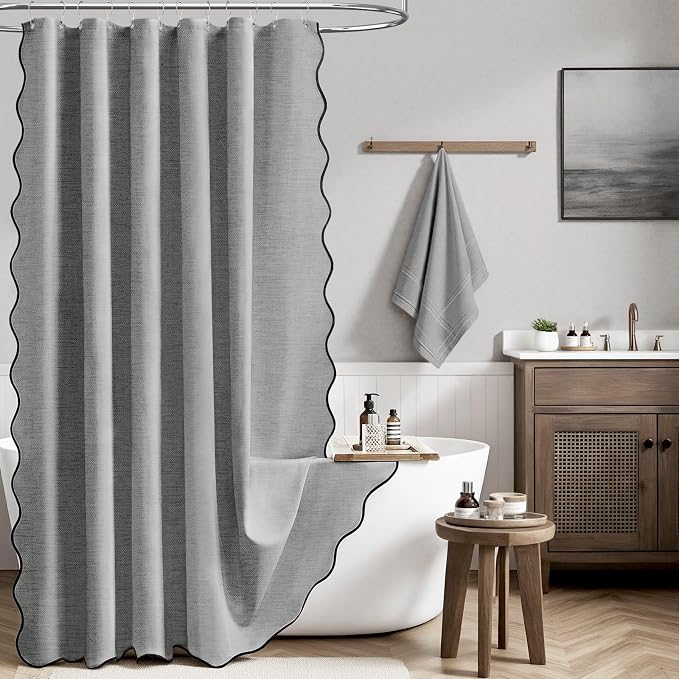 72x80 Boho Scalloped Linen Textured Cloth Shower Curtain, Grey/Gray | Long Size, 230GSM Waterproof Polyester, Heavy Duty Fabric, 12 Plastic Hooks, Elegant Modern Farmhouse Style, Machine Washable