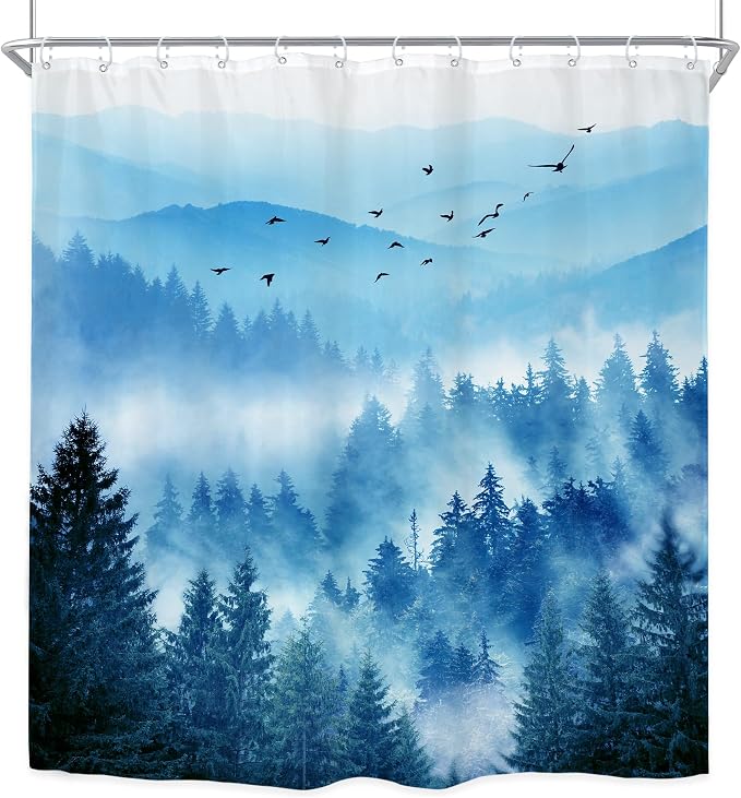 Navy Blue Mountain Nature Woodland Scenery Bathroom Shower Curtain Set | 72"W x 72"L shower curtain， Park Scene: HD waterproof print, quick-dry cloth, free hooks for easy installation.