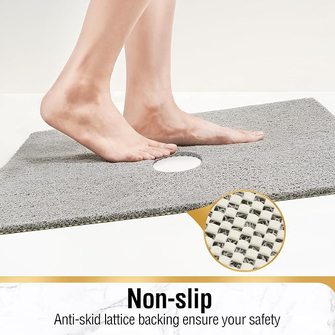 HITSLAM Square Shower Mat, 36 x 36 Inch Non Slip Bath Mat for Tub, Soft PVC Loofah Bathtub Mats with Drain Holes, Quick Drying Bathroom Stall Floor Mat, Bathroom Accessories Without Suction Cup, Grey