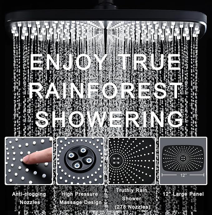 12" High Pressue Rain Shower Head with Handheld, 9 Sprays Hand Showerhead | Shower Heads with Handheld Spray Combo, Dual Head, Built-in Magnetic Docking, Power Jets, 59" Shower Hose, Black 1.8GPM