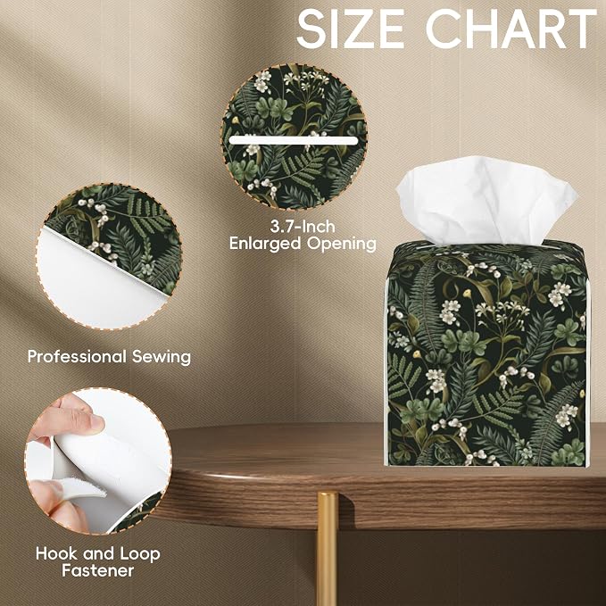 Tissue Box Cover Leather Tissue Box Holder Cube Tissue Case Cover Facial Paper Organizer Dispenser for Bathroom, Vanity Countertop, Office Desk (White Flowers and Berries)