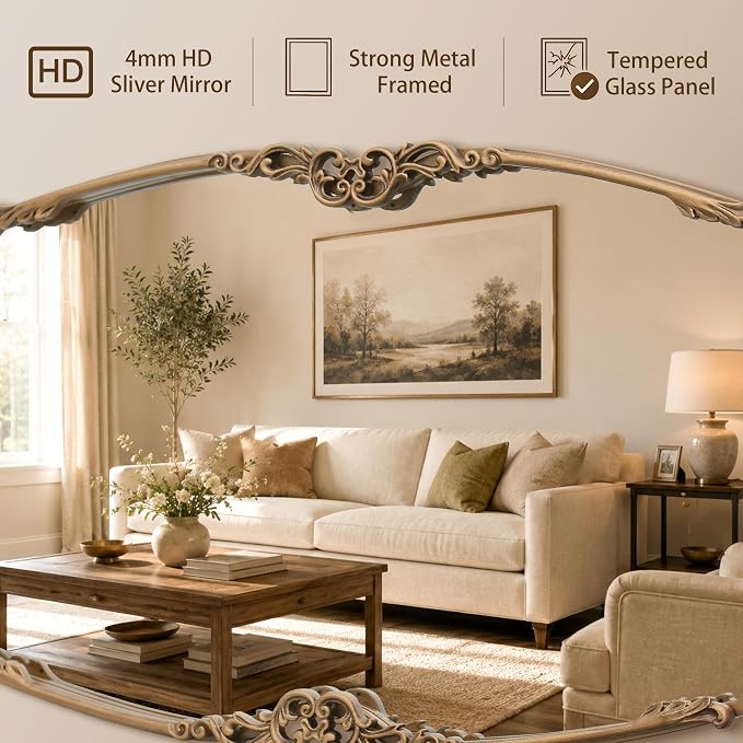 Besdomus Large Vintage Decorative Mirror: 26"x56" Antique Scalloped Mirrors | French Baroque Brass Gold Full Length for Dining room/Entryway/Bedroom - Vertical or Horizontal Hanging for Home Renovations