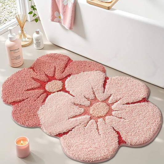 LUMI Flower Bathroom Rug, Absorbent Non Slip Bath Mat, 24"x36", Pink Flower | Funny Soft Plush Microfiber Rug, Quick Dry, Washable Cute Pink Bath Mats for Shower Floor, Sink Bathtub, Bedroom, Kids Room