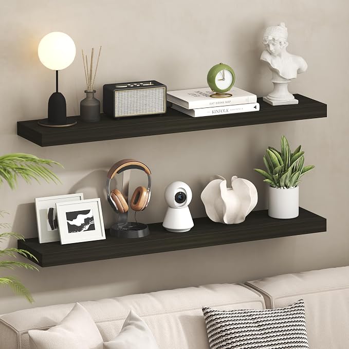 Furinno Tanna Floating Shelves for Wall, 9 x 47 Wall Shelf, Single Set Wall Mounted Floating Shelf with Invisible Bracket, 2-Inch Thick, for Bathroom, Living Room, Bedroom, Home Office, Tobacco Oak