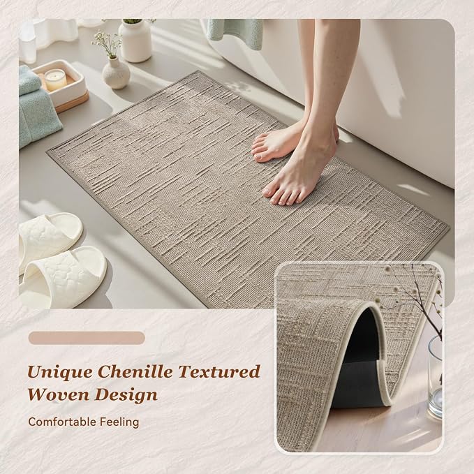 AMOAMI Bath Mat Non Slip Super Absorbent Quick Dry Bath Mats for Bathroom Floor Rubber Backing Washable Bathroom Rugs Modern Woven Jacquard Mat, Beside Tub Bath Rugs, 2' x 6', Brown