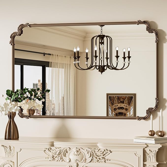Baroque Gold Antique Brass Scroll Wall Mirror 48 x 30 Vintage Rectangle Framed Baroque French Rectangular Mirror for Mantle Fireplace Bathroom Living Room, Horizontal/Vertical