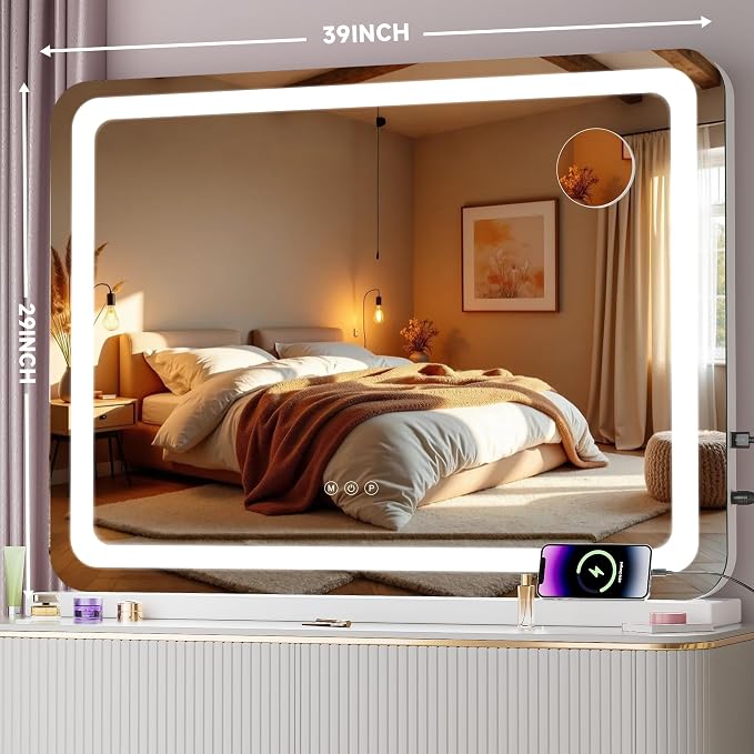 Vanity Mirror with Lights, 40" x 29" LED Makeup Mirror with 10X Magnification, Dimmable 3 Modes, Memory Function, Smart Touch, USB Charging Port, Lighted Makeup Mirror Round White