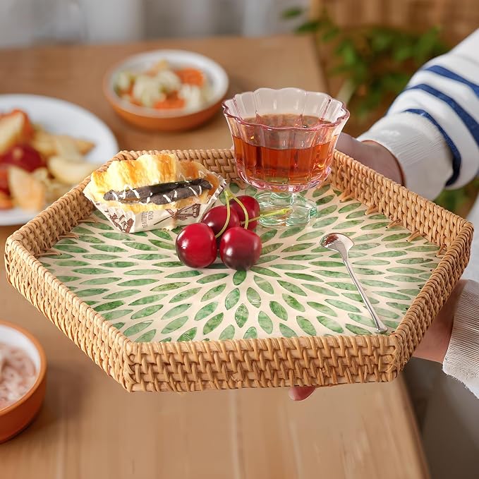 Hexagon Rattan Tray with Mother of Pearl Inlay, Rattan Serving Tray for Coffee, Bread, Fruits, Snacks, Decorative Wicker Tray for Table Decor, Home Decor (Green Leaves, 14.5"×12.8")