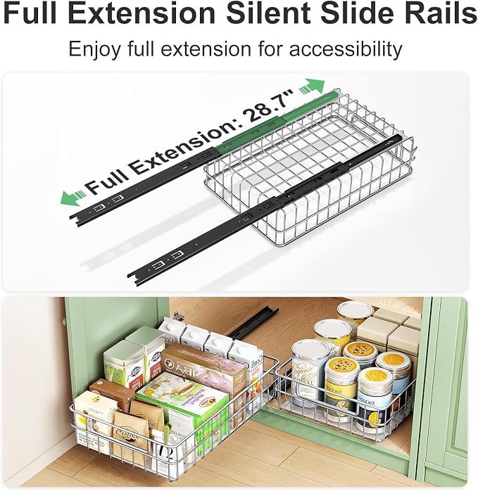 Pull out Cabinet Organizer, Stainless Steel 1-Pack (9.8"W x 16.5"D) Full-Extension Slide out Drawer, Adhesive Roll out Can Spice Storage Basket Shelf Rack for Pantry, Kitchen, Bathroom, Home Closet