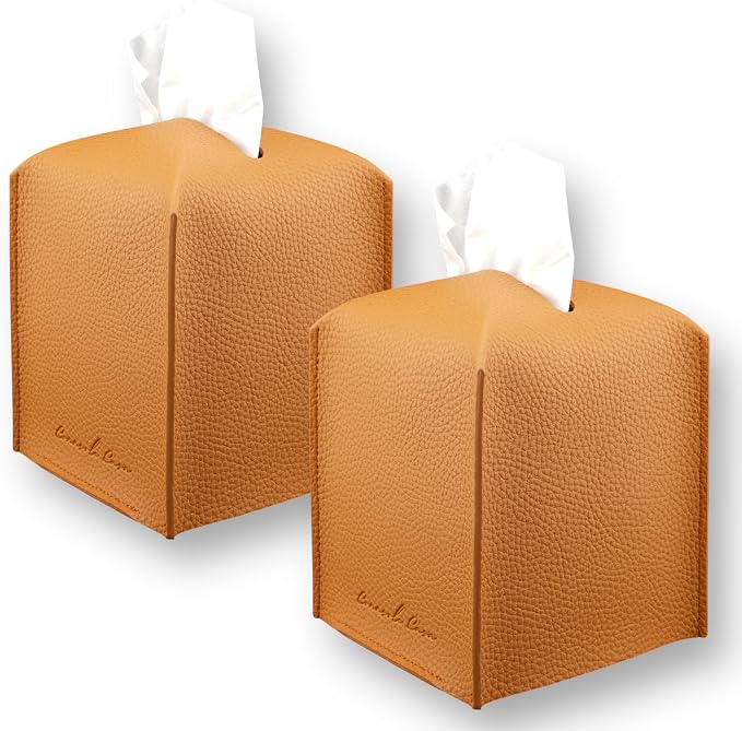 Premium PU Leather Tissue Box Holder - Elegant Hotel-Style Tissue Box Cover for Home, Office & Car Décor, Tissues Cube Organizer for a Natural & Classic Look (Orange 2 Pack)