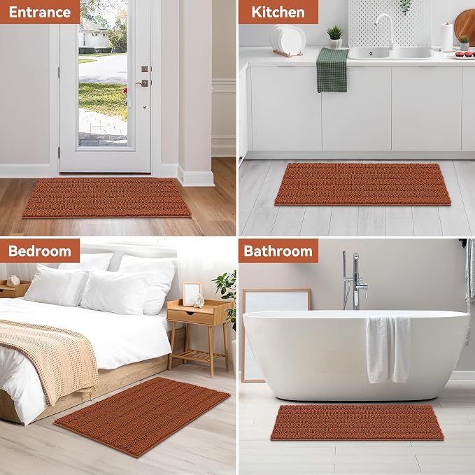 Bcoimo Bath Rug Mat,44x24 Extra Soft Burnt Orange Long Bathroom Runner Rug | No Slip with Rubber Back Chenille Bathroom Mat For Floor,Tub,Shower;High Absorbent,Quick Dry Microfiber mat; Machine Washable