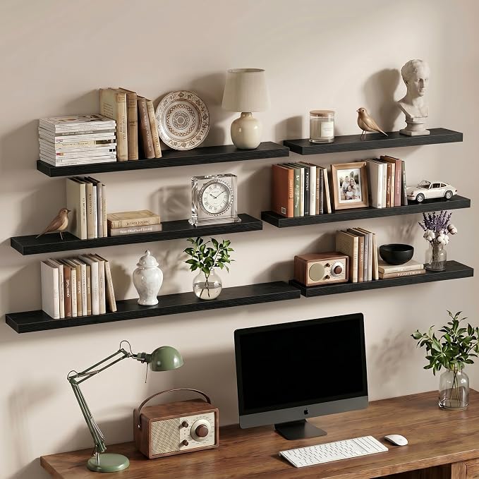 Vivelove 30 Inch Floating Shelves Wall Mounted for Display, 6.5 Deep Duty Shelves with Invisible Brackets for Living Room,Bedroom,Kitchen, Bathroom Storage & Decor,30" Wx6.5 Dx1.4 H - Black