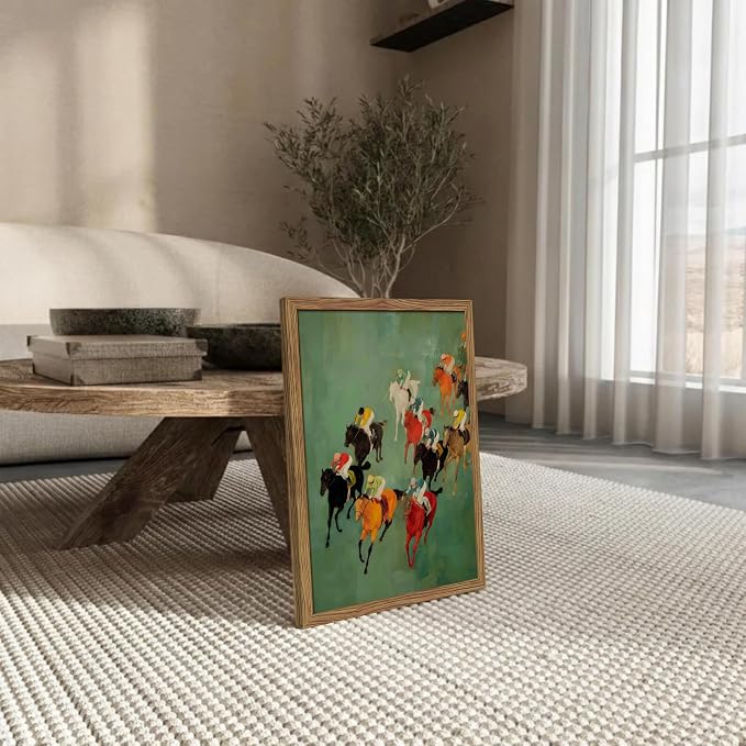 Framed Vintage Abstract Wall Art, Retro Horse Racing Scene Poster Prints, Modern Classic Equestrian Canvas Artwork, Energetic Vibrant Sports Wall Decor for Living Room Office Game Room 16x24in