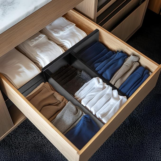 Utoplike Dresser Drawer Dividers, 4" High Black Drawer Organizers Clothes | Adjustable, Spring Loaded, Works in Kitchen, Bathroom, Bedroom, Drawer, Desk, 4 PCS for Clothing, Fit 14"-16" Inner Drawer