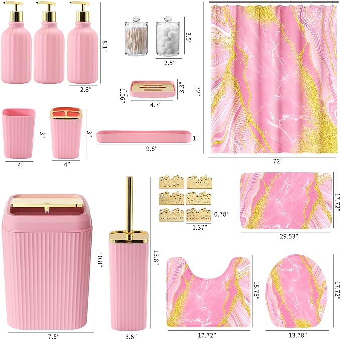 21PCS Bathroom Sets with Shower Curtain and Rugs Bathroom Accessories Set Pink Bathroom Set Complete with Trash Can, Toilet Brush, Qtip Holder & 3PCS Soap Dispenser