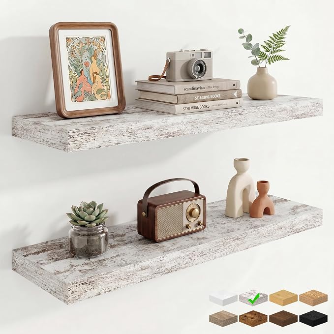 9.25in Depth 32in Floating Shelves, 32x9.25x1.4, Vintage White, Set of 2 | Wall Mounted Engineered Wood Shelves, Invisible Brackets for Living Room, Bedroom, Bathroom, Kitchen Decor and Storage
