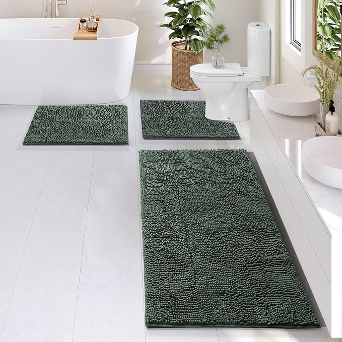 Hearth & Harbor Bathroom Rugs, Chenille Bath Mat - Machine Washable Bath Mats for Bathroom Non-Slip Backing Rubber, Quick Dry Mat - Hunter Green Bath Rug, 17x24-26x44-20x24