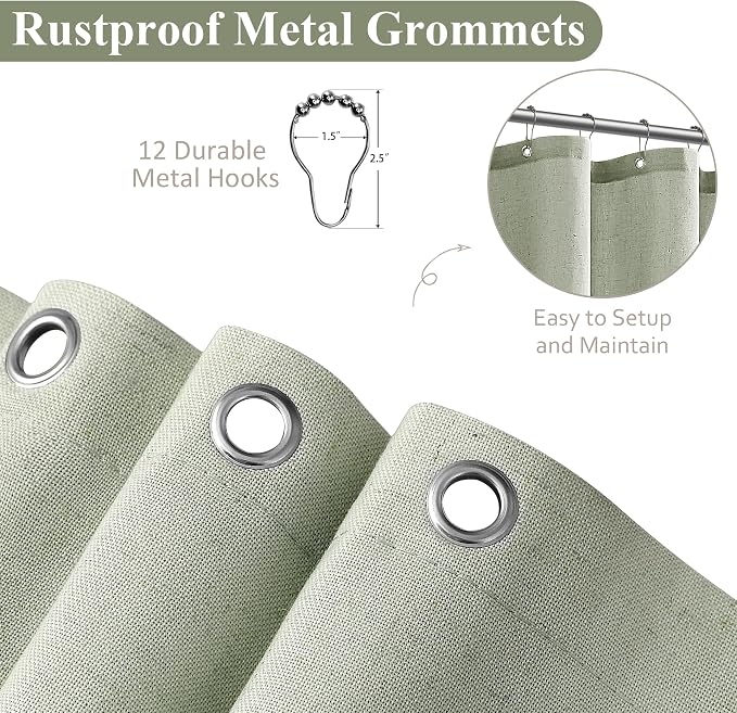 Mist Sage Linen Shower Curtain, Country Boho Farmhouse Bath Decor Shower Curtains Neutral Cloth Weighted Textured Fabric Bath Curtain Liner with Hooks, 72x72