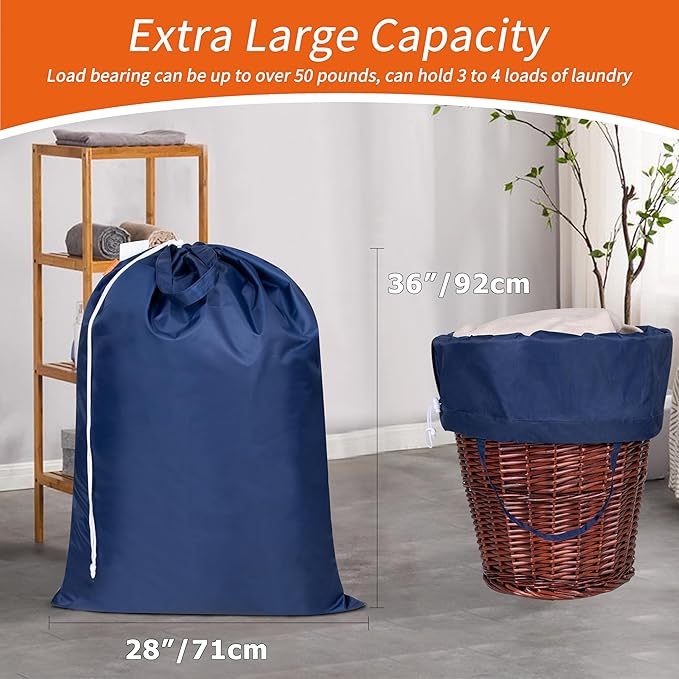 Extra Heavy-Duty Laundry Bag with Handles, Navy, 28x36" | Extra Large, Machine Washable, Reinforced Handles, Drawstring Closure, Name ID Tag, For College Dorm Travel