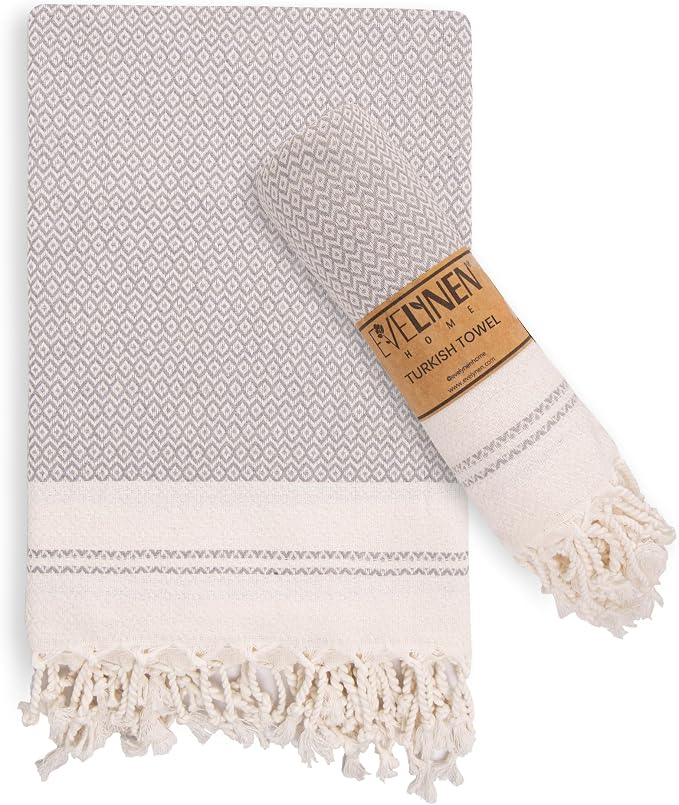 Evelynen Turkish Hand Towels for Bathroom & Kitchen Towels Decorative Set of 2 | Boho Farmhouse Hand Towels with Hanging Loops for Face, Dish, Kitchen & Bath | (16" x 32" - Grey)