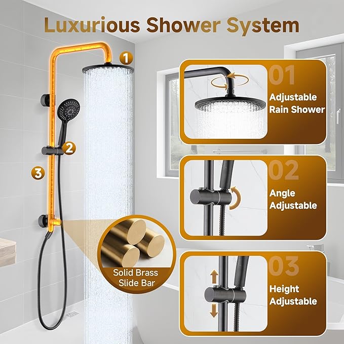 BRIGHT SHOWERS Shower System, 9 Inch Rain Shower Head with 5-Function Hand Shower, Dual Shower Combo with Height Adjustable Holder, Solid Brass Rail, 60 Inch Stainless Steel Hose, Oil-Rubbed Bronze