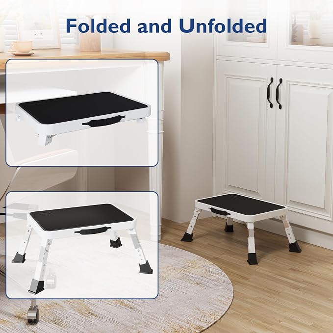 BONTEC Folding Step Stool, 3-Level Adjustable Metal Step Stool, 330lbs | Heavy Duty Folding Foot Stool with Anti-Slip Pedal and Locking Legs, Portable Stepping Stool for Kids, Kitchen, Home, White